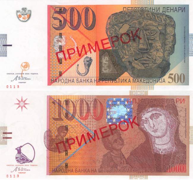 Mazedonien p.21as p.22as 500 und 1000 Lei Specimen 2003